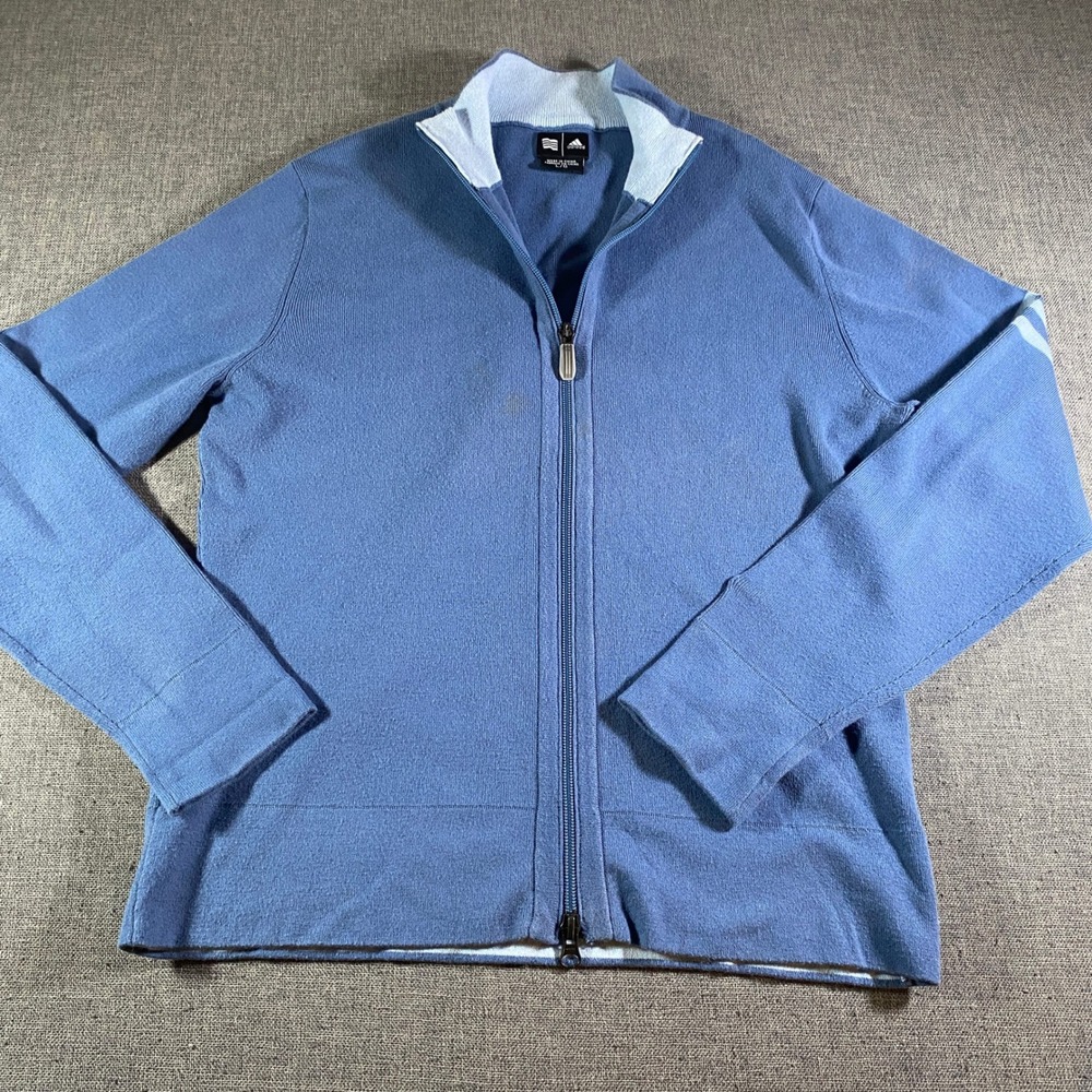 Adidas Women's Full Zip Jacket Blue Knit Pullover Activewear Three Stripe Large